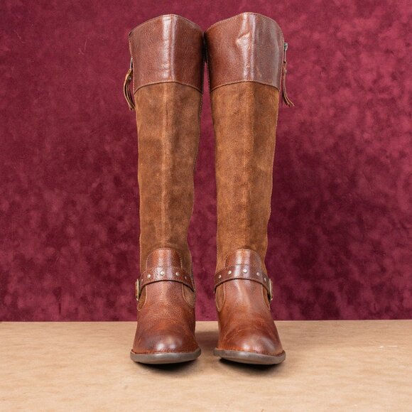 Born Women Alize Brown Leather Zip Wide Calf Strap Block Heel Knee Boots sz 10 - Picture 3 of 10